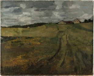 Stoppelveld met stijgend pad bij Weßling