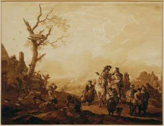 Plundering van een dorp door soldaten
