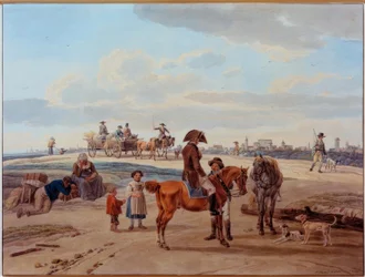 Ruiter, boeren en wagen voor een stad