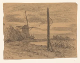 Landschap met paal en windmolen