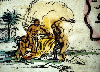 Brazilië. Kannibalen die een man met een bijl afbeelden. (detail)