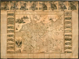 Nieuwe en nauwkeurige illustratie van Duitsland in zijn geheel door Willem Janszoon Blaeu, koperplaat, gedrukt in Amsterdam