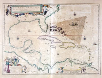 De Caribische Zee: je kunt de Bermuda-driehoek zien tussen de Bermuda-archipel, Miami en Puerto Rico. Volgens de Atlas van Wilhelm Blaeu