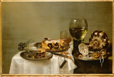 Ontbijttafel met bramentaart (schilderij op hout)
