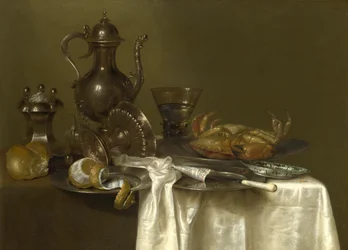 Stilleven: tinnen, zilveren vaten en een krab, ca. 1636