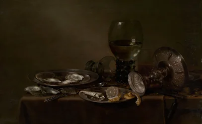 Stilleven met oesters, een zilveren tazza en glaswerk, 1635