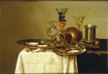 Stilleven met een roemer op een vergulde standaard, steengoed en oesters, 1637