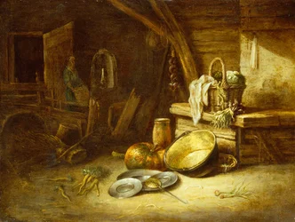 Een Keuken met Groenten in een Rieten Mand, Tinnen Borden en een Pompoen