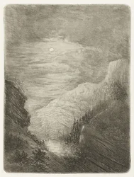 Berglandschap met rivier in maanlicht