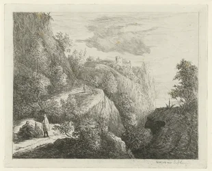 Berglandschap met rustende figuren aan kant van weg