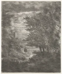 Heuvellandschap met ruïne en bootje op water bij maanlicht
