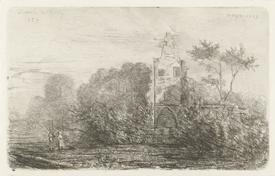 Landschap met ruïne en twee figuren