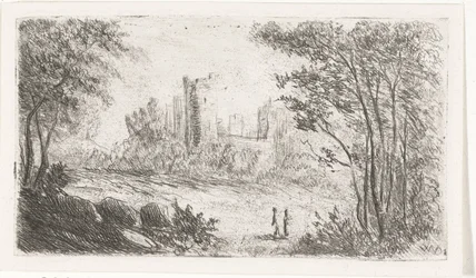Landschap met ruïne van kasteel en twee figuren