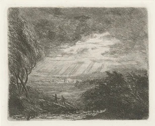 Landschap met twee figuren bij storm en regen