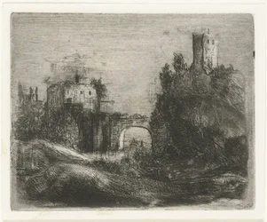 Zuidelijk landschap met poort en toren op rots