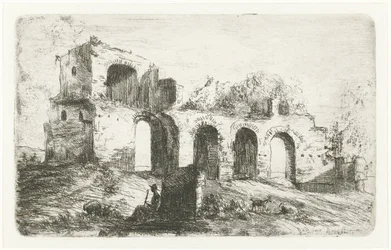 Zuidelijk landschap met ruïne en herder met vee