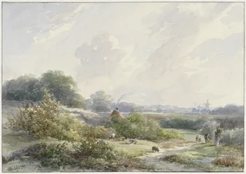 Landschap met boerderij en vee