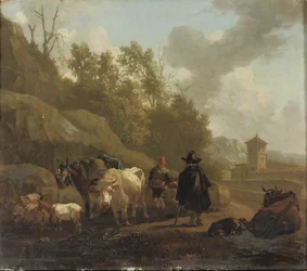 Een Koeherder en Vee in een Italiaans Landschap