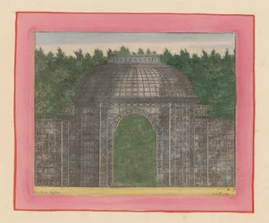 Prieel van latwerk met in het midden een poort voor een heg in de tuinen van Versailles