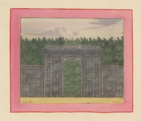 Rechthoekig prieel van latwerk met in het midden een poort voor een heg in de tuinen van Versailles