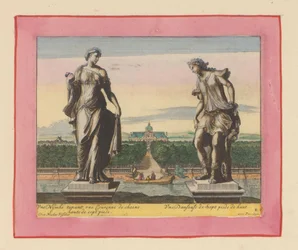 Standbeelden van een nymf met laurierkrans en een danseres