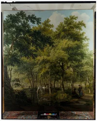 Boeren met een kar bij de oever van een rivier in een boslandschap