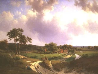 Een uitgestrekt landschap met een boerderij en boeren op een pad