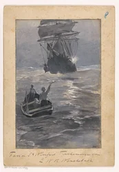 Jongens seinen naar een Schip vanaf een Zinkende Roeiboot