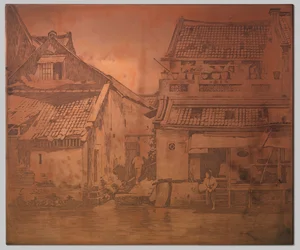 Batavia. Huizen aan de kali, wasvrouw aan de trap van een huis rechts