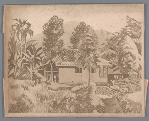 Huis met de vulkaan Salak(?) op de achtergrond, Buitenzorg