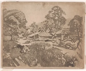 Huizen in de kampong met de vulkanen Salak en Gedeh op de achtergrond, Buitenzorg