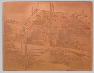 In de kampong, pisangboom op de voorgrond
