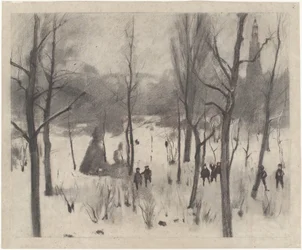 Kinderen tussen bomen in de sneeuw