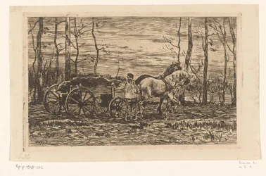 Wagen met hakhout getrokken door twee paarden
