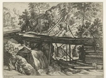 Berglandschap met houten aquaduct