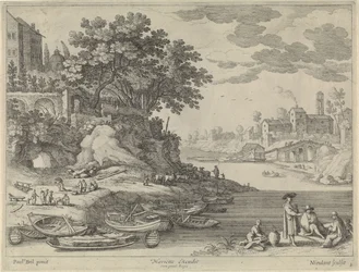 Haven met roeiboten, figuren en vee