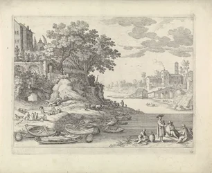 Haven met roeiboten, figuren en vee