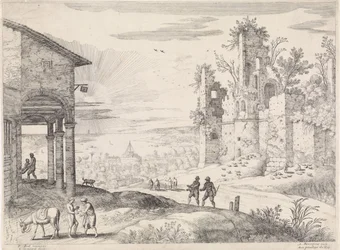Landschap met de barmhartige Samaritaan bij de herberg