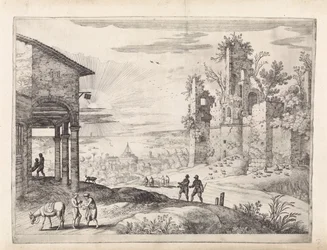 Landschap met de barmhartige Samaritaan bij de herberg
