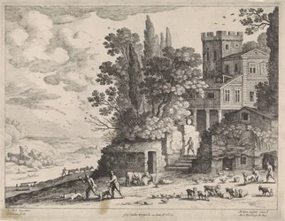 Landschap met een huis, figuren en vee