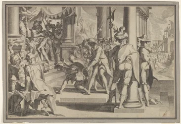 Allegorie van Gerechtigheid Heiligheid van de Wet met een rechtszaalscène waarin een man wordt vergeven..., 1605