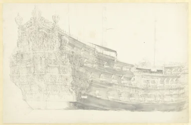 Portret van een (gefantaseerd?) Engels schip met Justitia op de spiegel