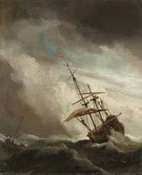 Een schip in volle zee bij vliegende storm, bekend als 