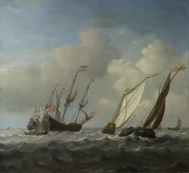 Een Nederlands schip, een jacht en kleinere vaartuigen in een bries, c. 1660