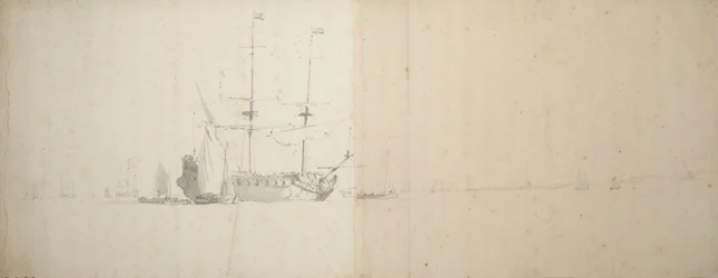 Een Nederlands schip voor anker bij het land, ca. 1666