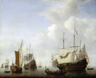 Een Nederlands schip dat waarschijnlijk dat van prins Frederik Hendrik van Oranje (1584-1647) voor anker gaat