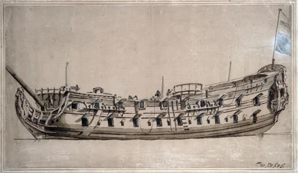 Brits vierdeklas schip, met 42 kanonnen, gebouwd rond 1675. Inkttekening door Willem van de Velde de Jongere (1633-1707)