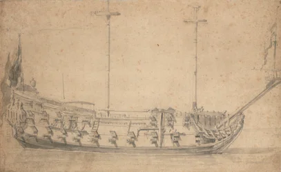 Portret van een Engelse vierde rang, ongeveer 42 kanonnen, ca. 1675 (potlood, was)