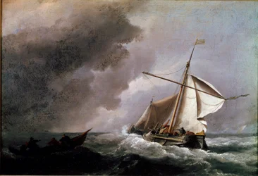 Nederlands schip strijkt zeilen in afwachting van een reddingsboot. Schilderij door Willem Van de Velde de jonge (1633-1707) 1660