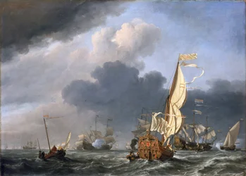 Jacht in sterke wind, probeert zich bij een groep Nederlandse schepen te voegen, waarschijnlijk de samenkomst van de Nederlandse vloot bij Texel in 1672